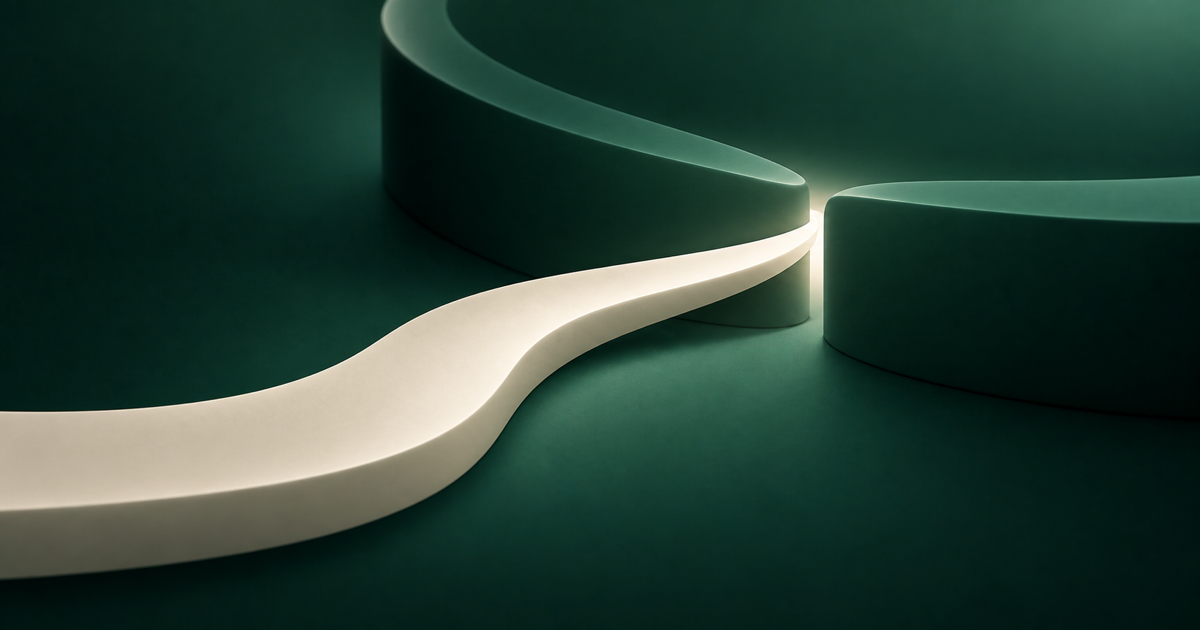 An ivory path passing through a narrow opening between dark green forms