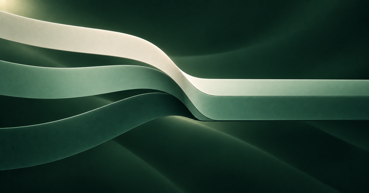 Three dimensional ivory and green bands converging into one aligned path