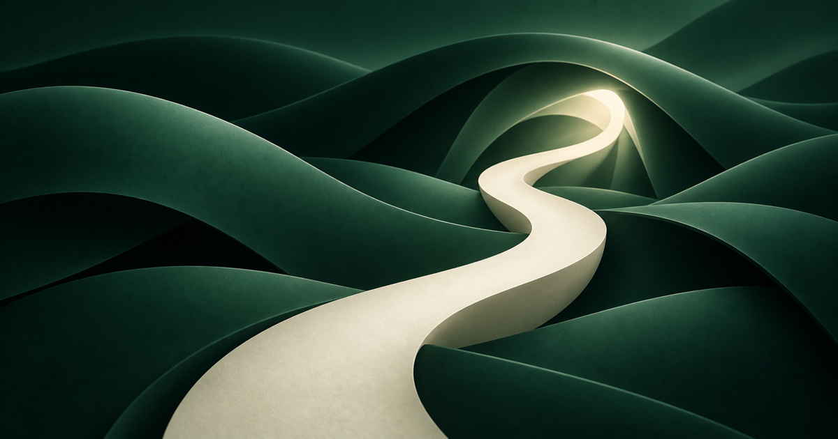 An ivory path emerging clearly through layered dark green forms