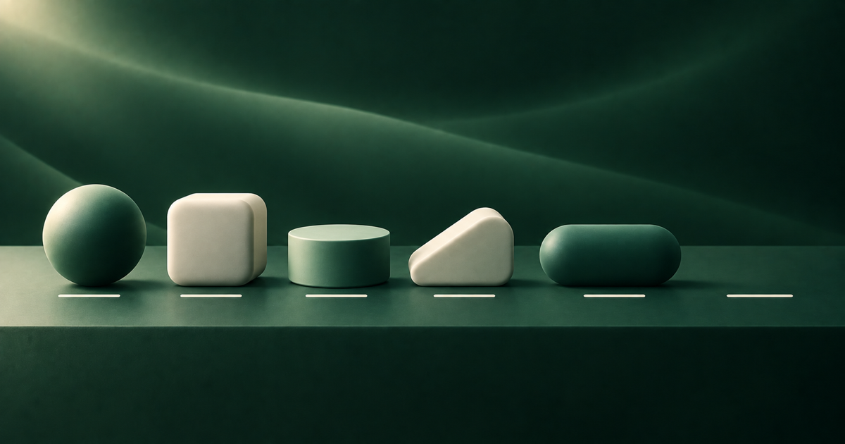 Five solid geometric forms aligned above simple ivory guide marks
