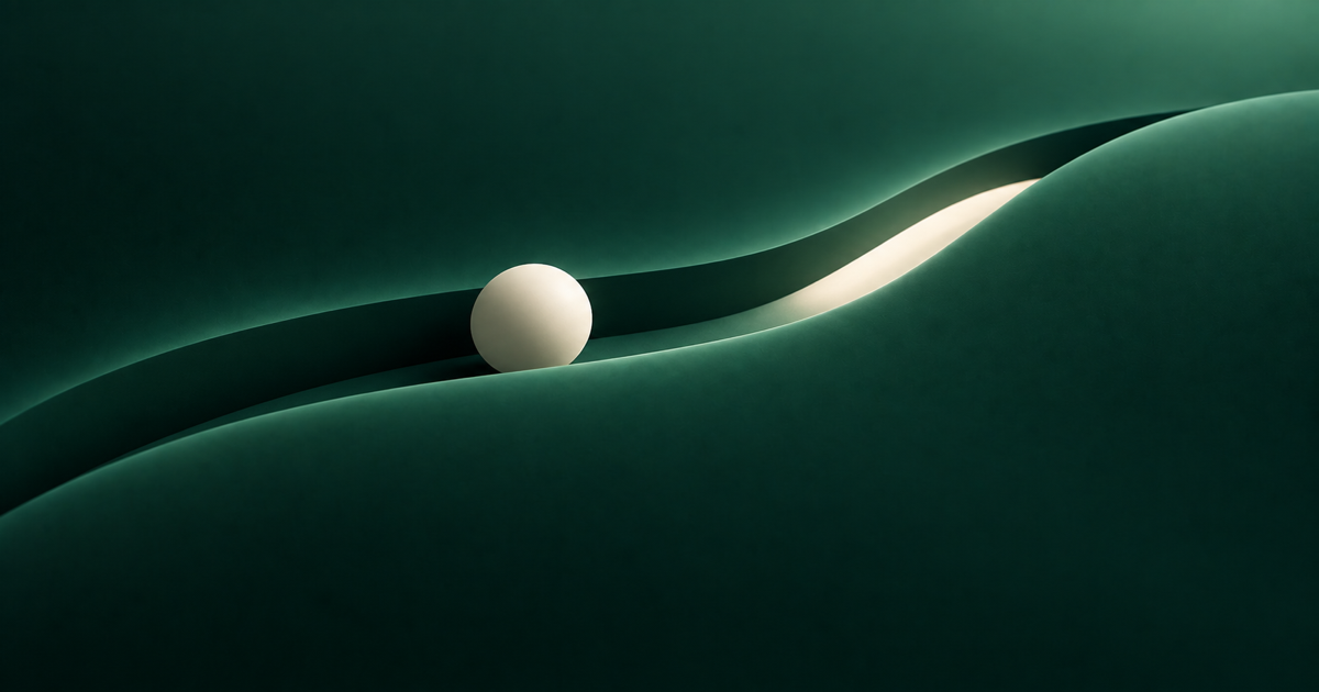 An ivory sphere waiting in a dark green channel with a lit path ahead