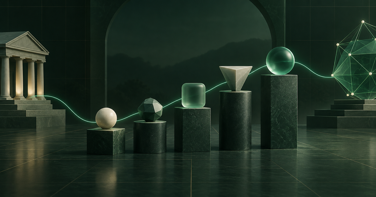 Five ascending emerald forms connecting banking and digital finance