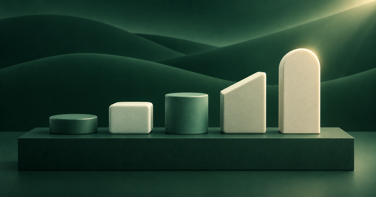 Five ascending emerald and ivory forms representing a rewards-platform ranking