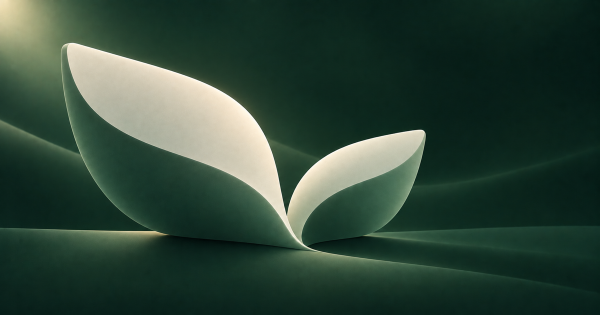 Two solid ivory and green forms growing from one point